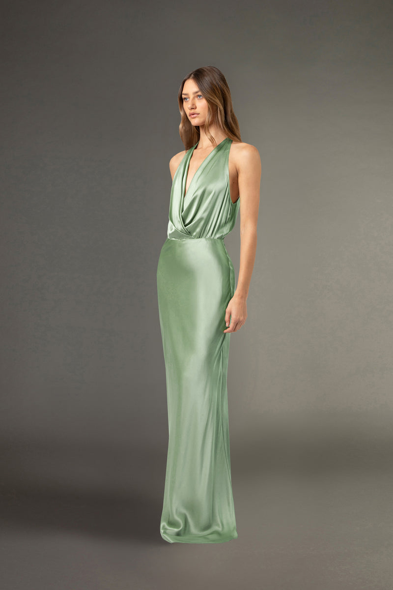 Halter draped gown - sage