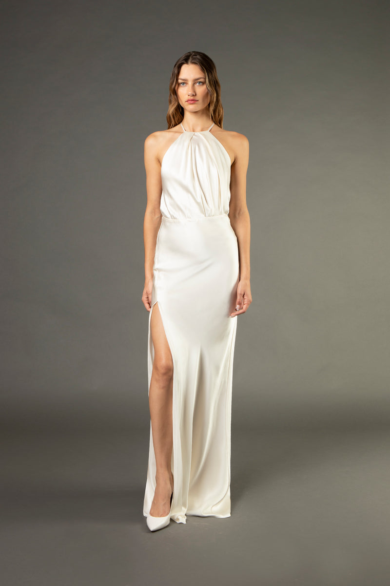 Pleat halter gown with slit - ivory Michelle Mason Pleat halter gown with slit - ivory Michelle Mason