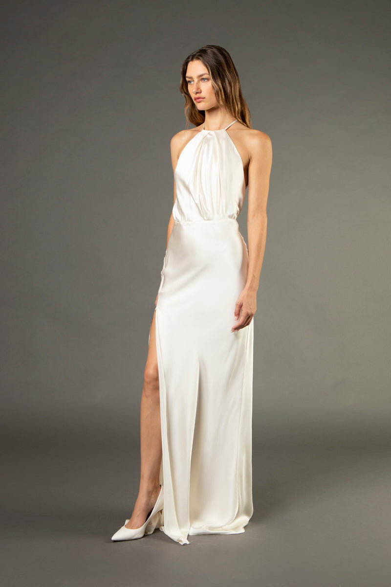 Pleat halter gown with slit - ivory Michelle Mason Pleat halter gown with slit - ivory Michelle Mason