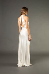 Pleat halter gown with slit - ivory