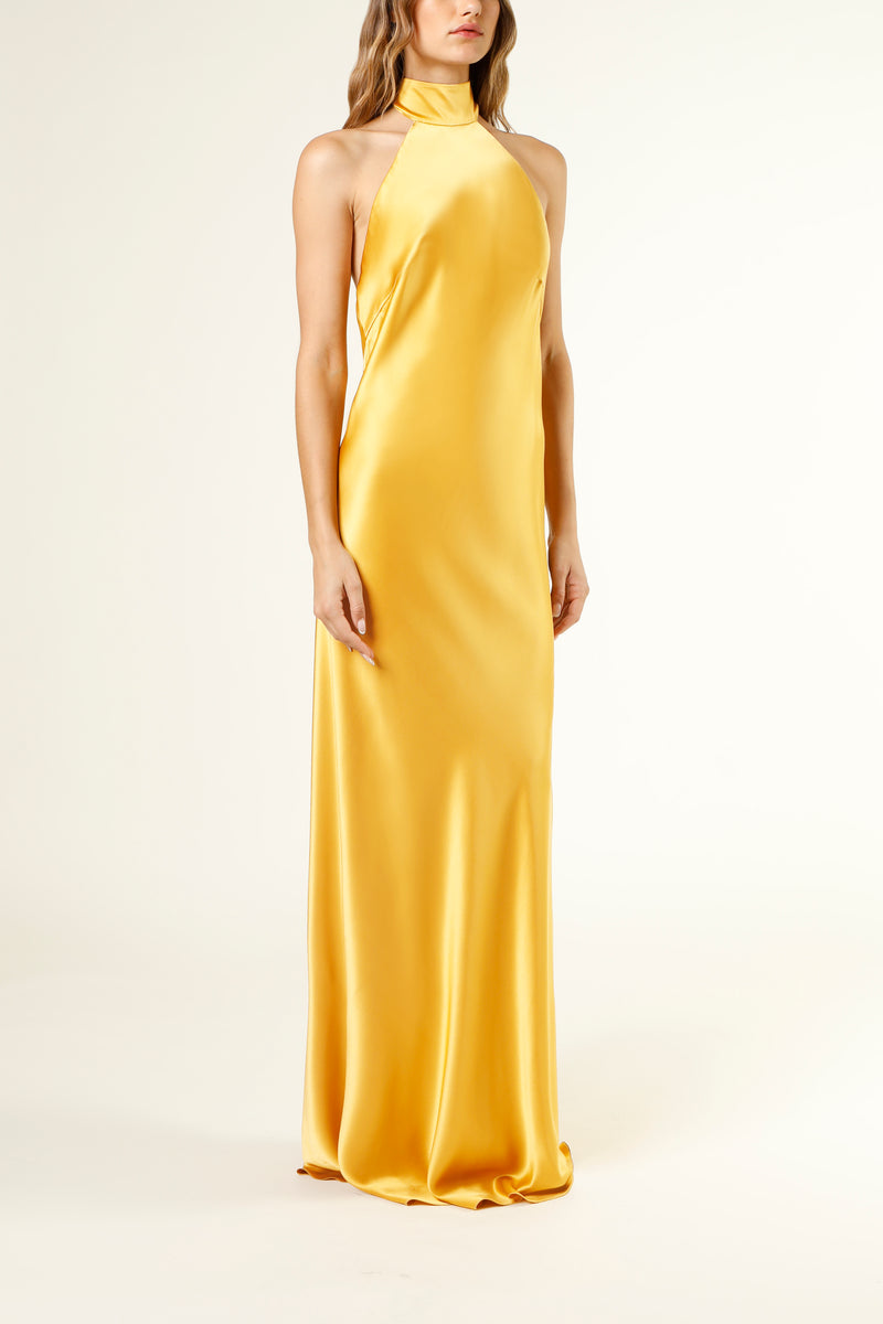 Halter tie neck backless gown - butter Michelle Mason Halter tie neck backless gown - butter Michelle Mason
