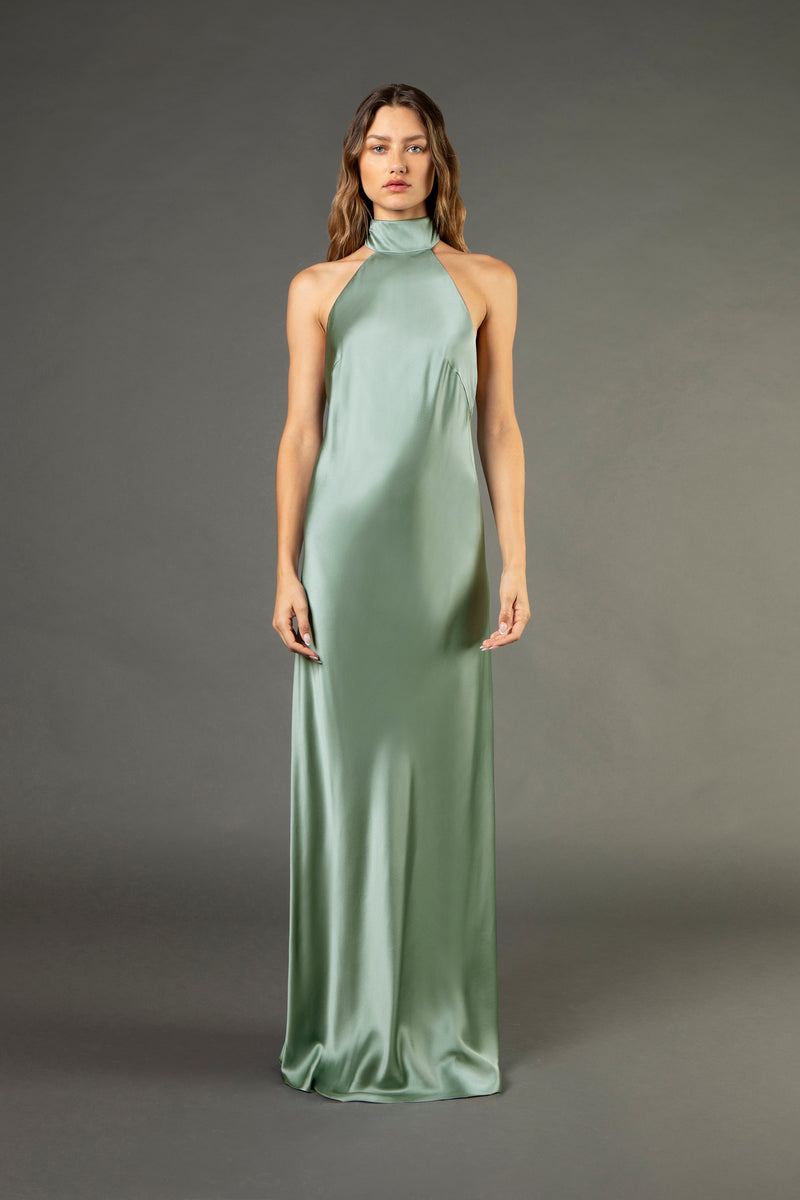 Halter tie neck backless gown sage – Michelle Mason
