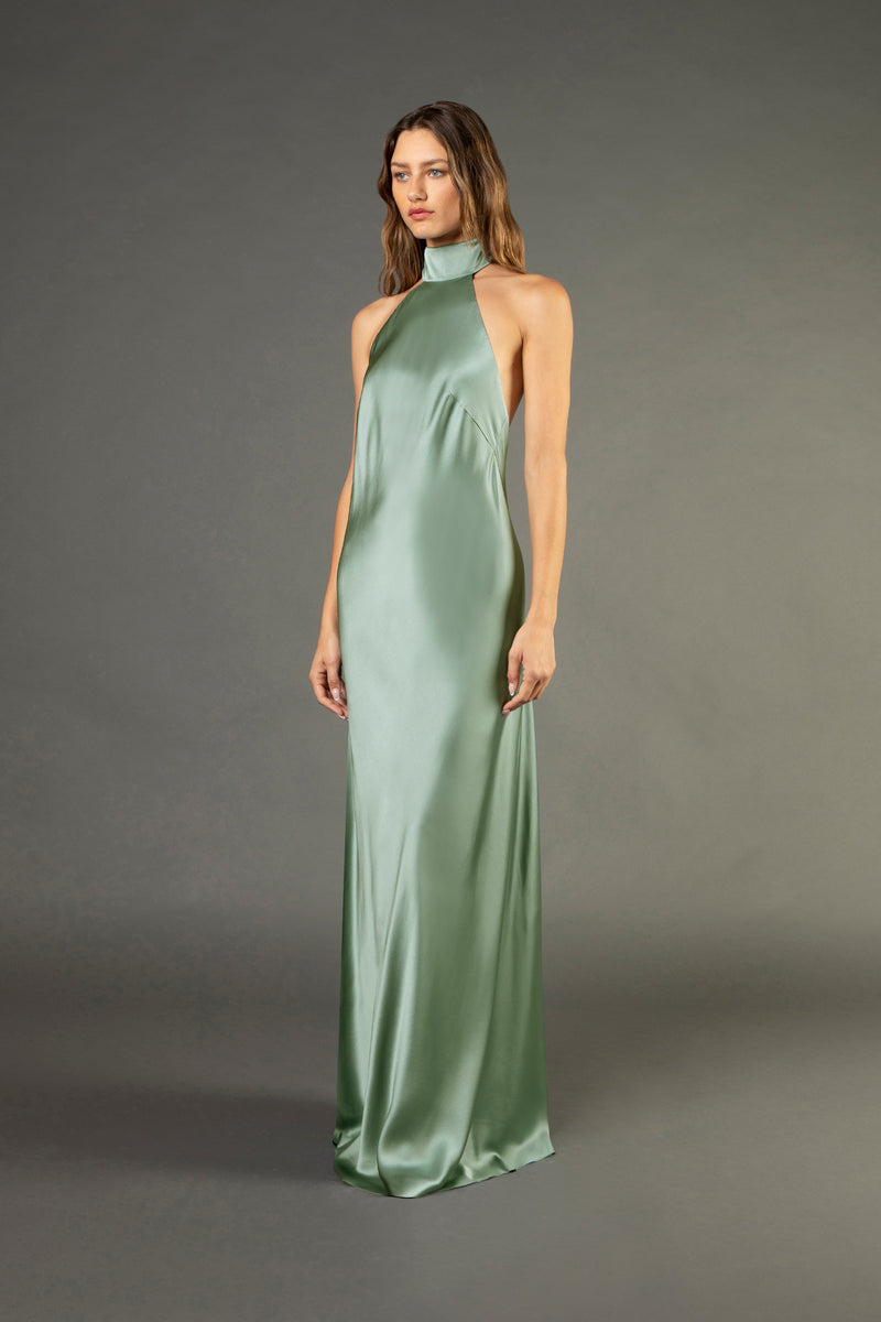 Halter tie neck backless gown - sage Michelle Mason Halter tie neck backless gown - sage Michelle Mason