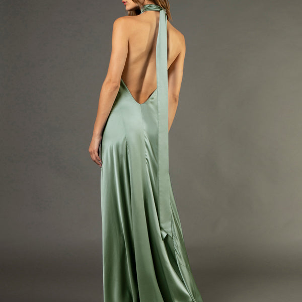 Halter tie neck backless gown - sage Michelle Mason Halter tie neck backless gown - sage Michelle Mason