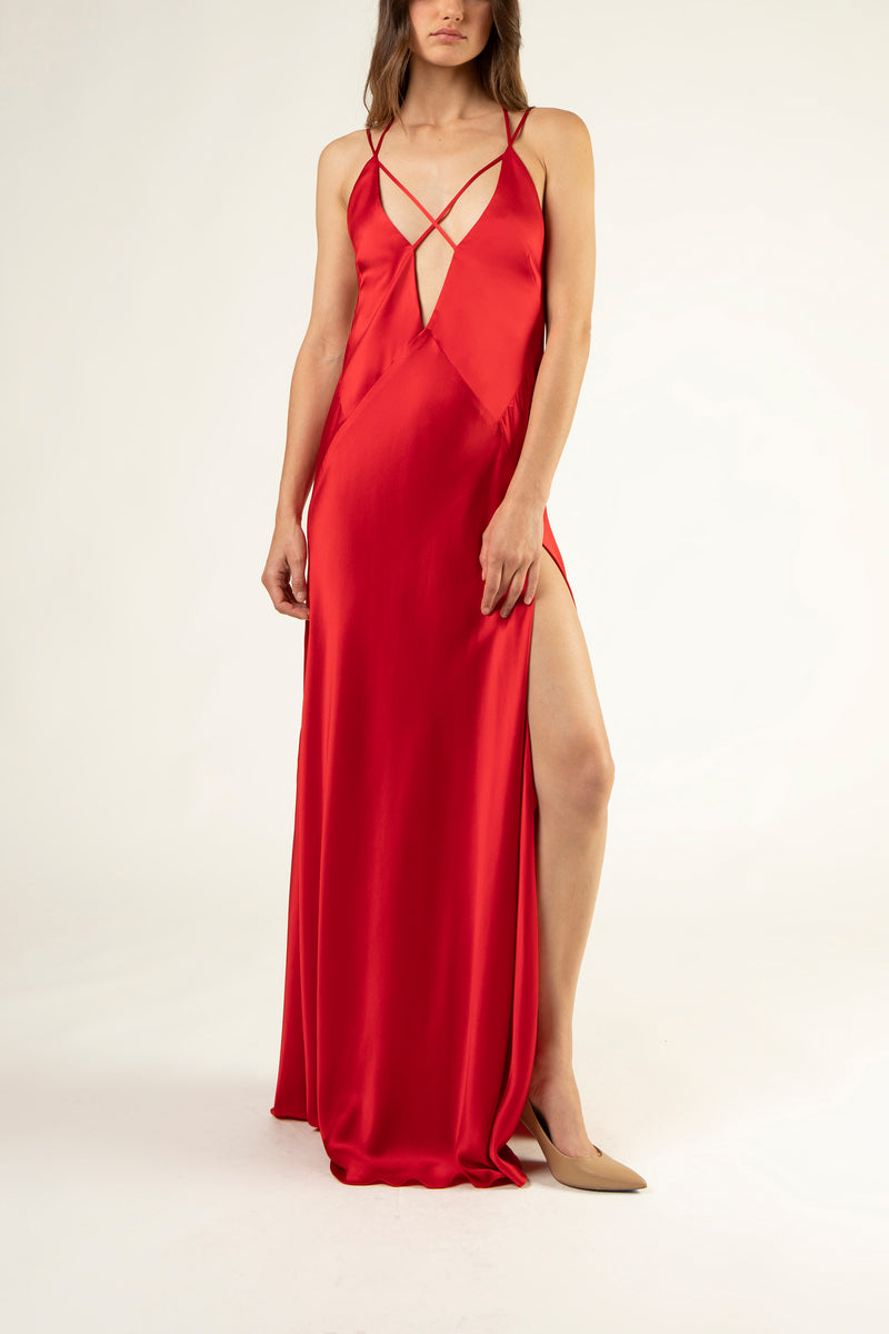 Deep V neckline gown - red
