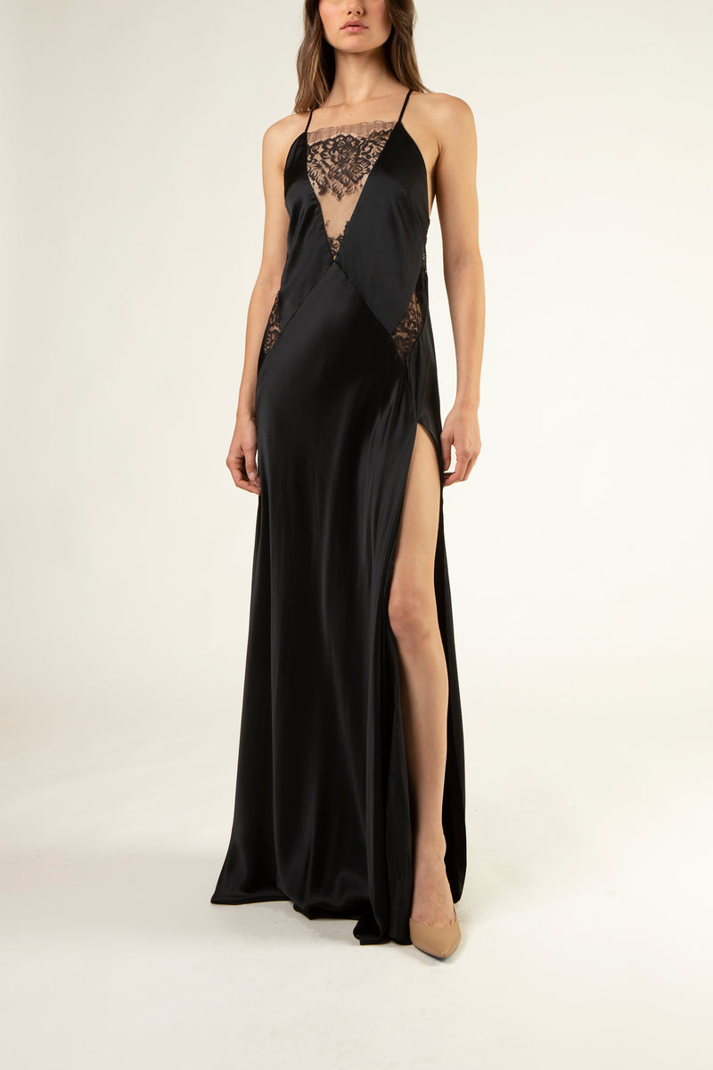 Lace inset gown - black