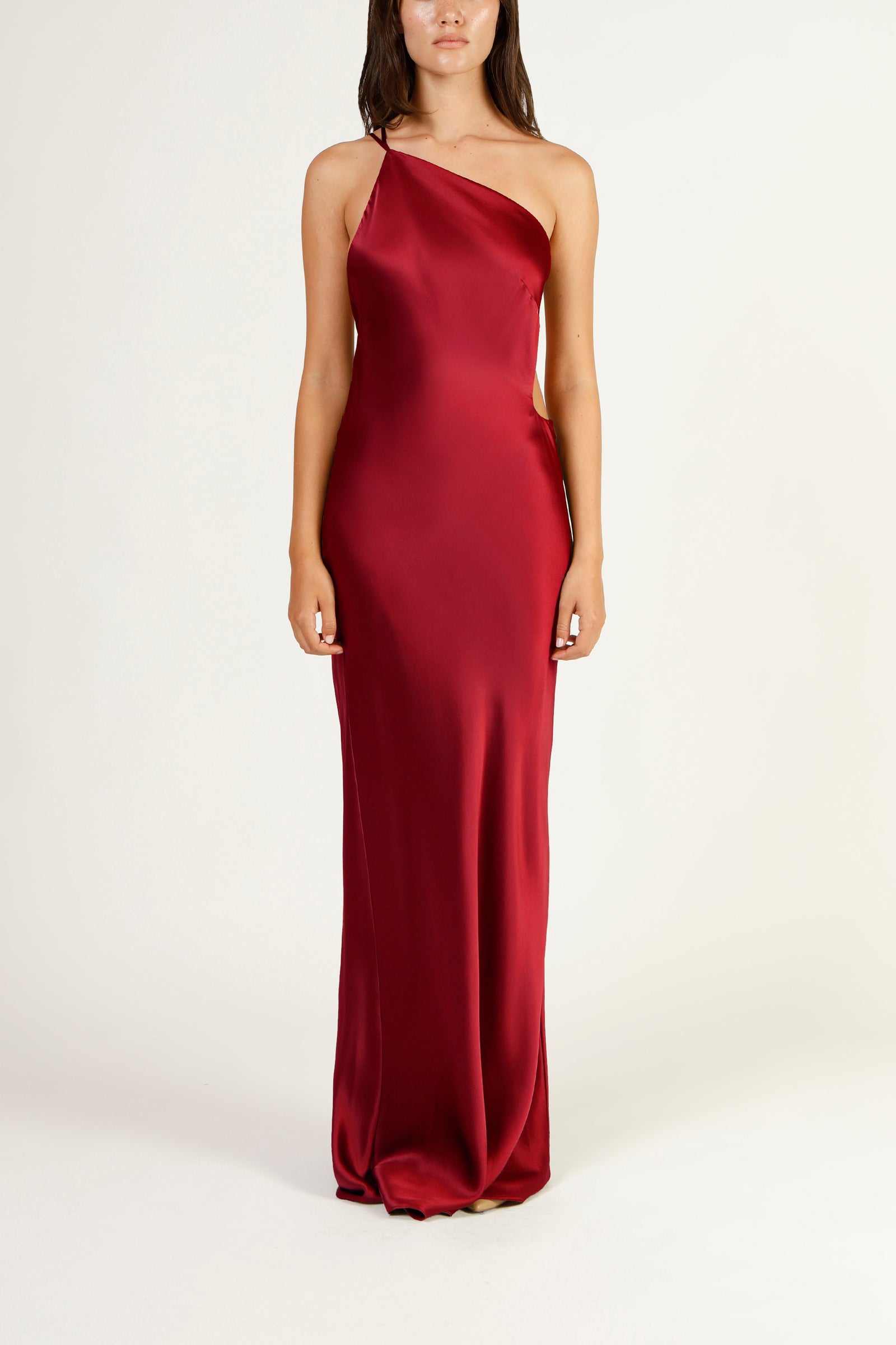 Asymmetrical strap cutout gown - sangria  Michelle Mason