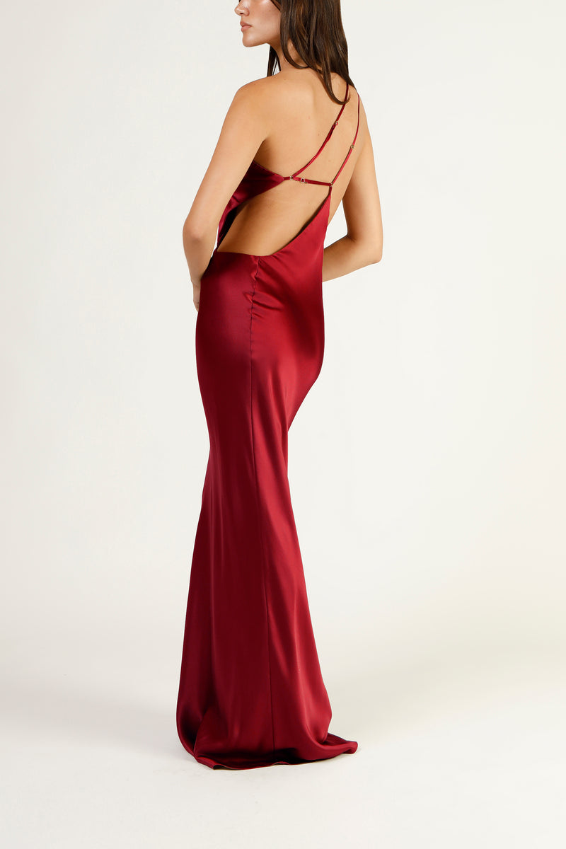 Asymmetrical strap cutout gown sangria