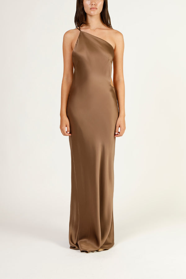 Asymmetrical strap cutout gown - umber