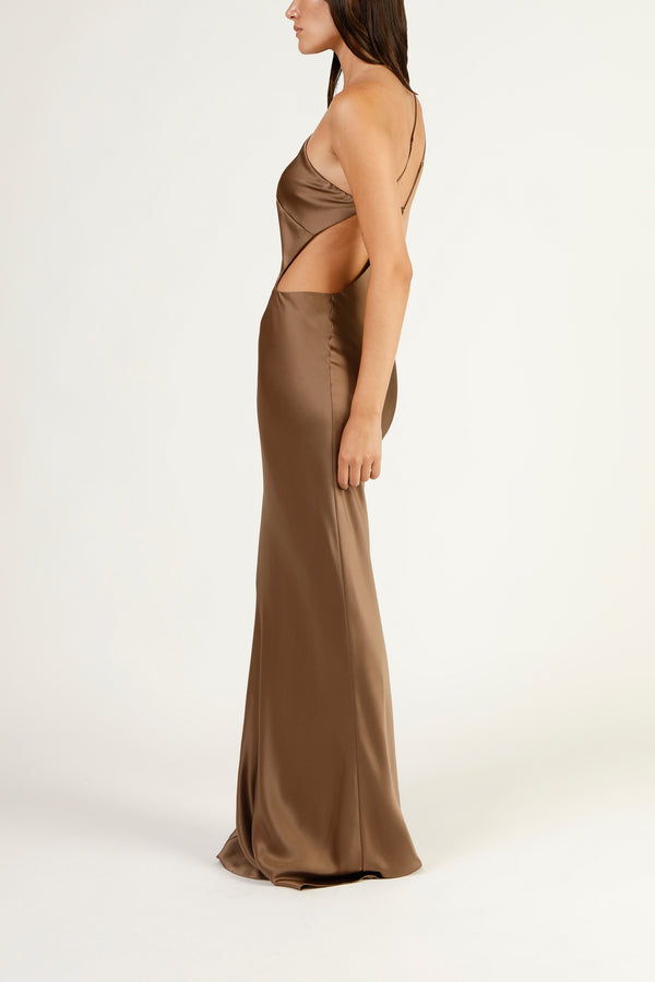 Asymmetrical strap cutout gown - umber