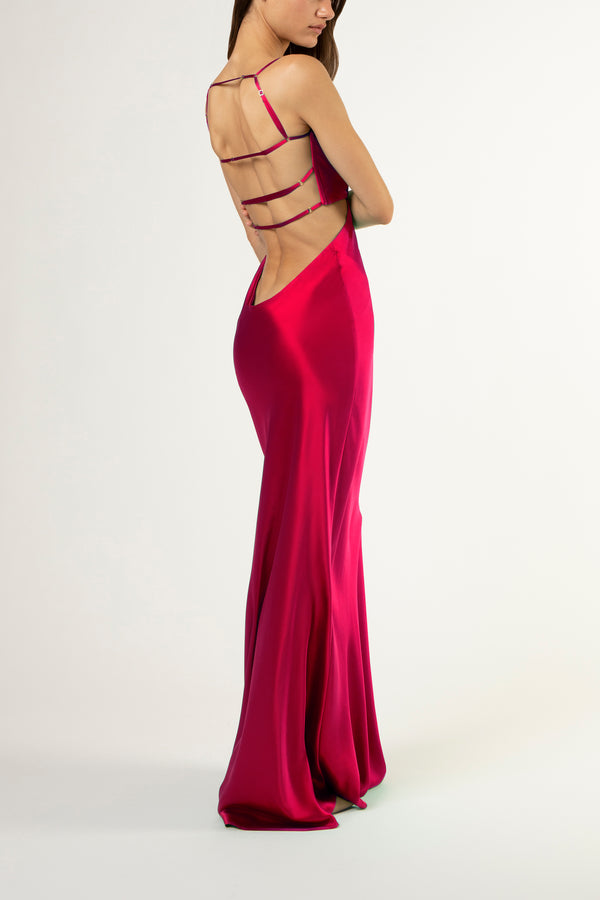 Multi-strap plunge back cutout gown - ruby