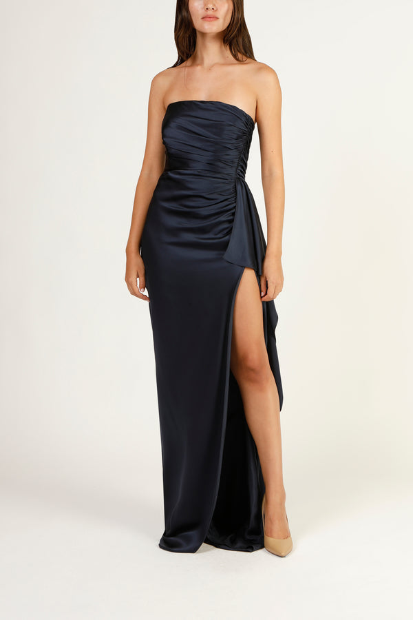 Strapless gathered gown with cascade - midnight
