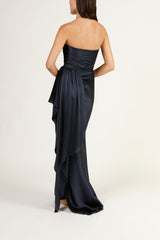 Strapless gathered gown with cascade - midnight