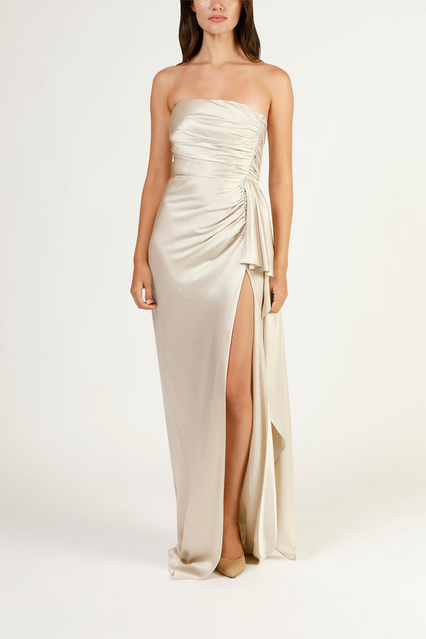 Strapless gathered gown with cascade - pearl