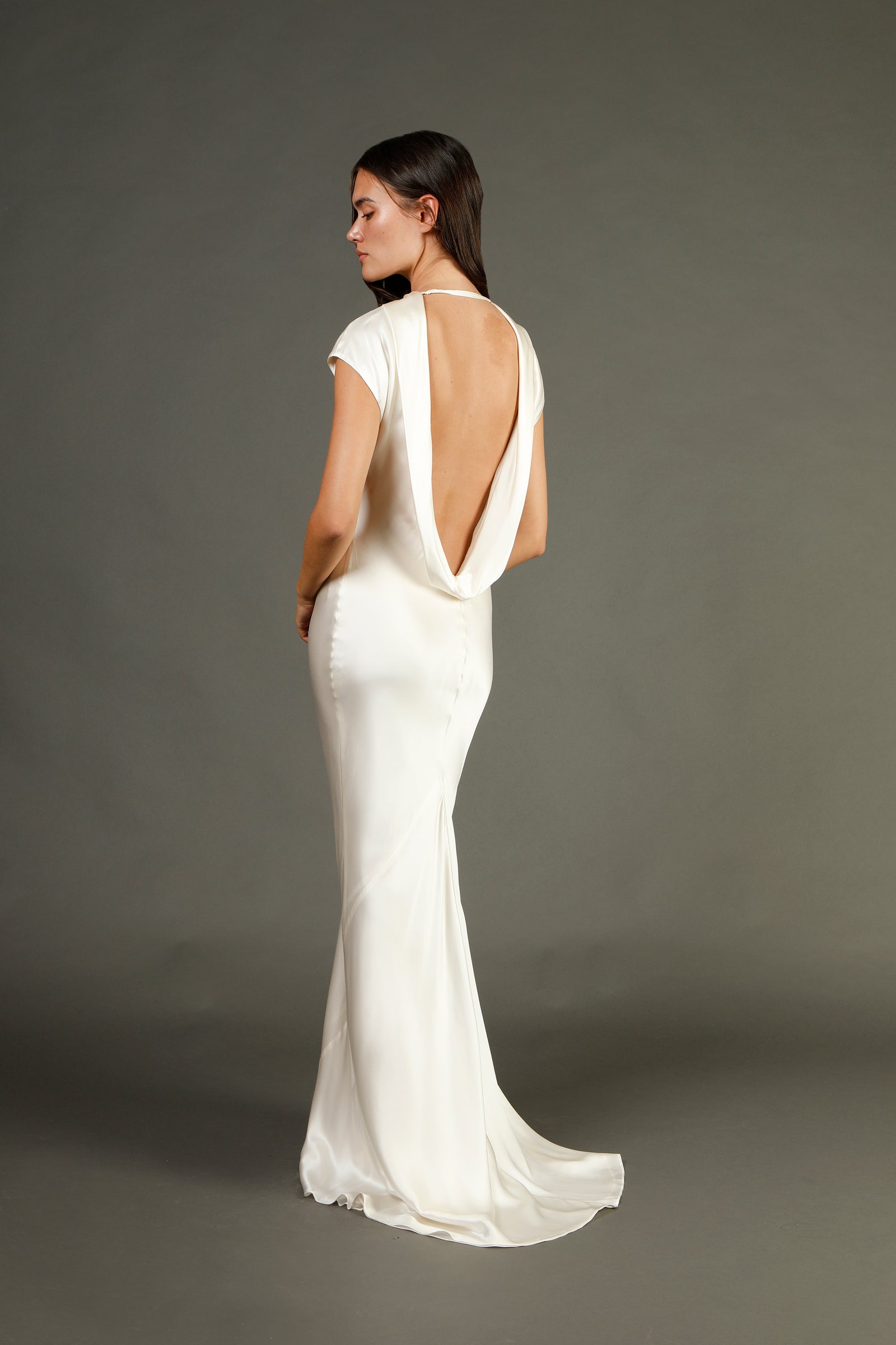 Sleeveless bias gown with back cowl