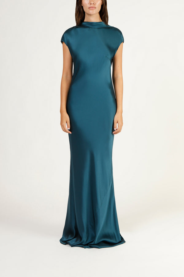 Sleeveless bias gown with back cowl - prussian
