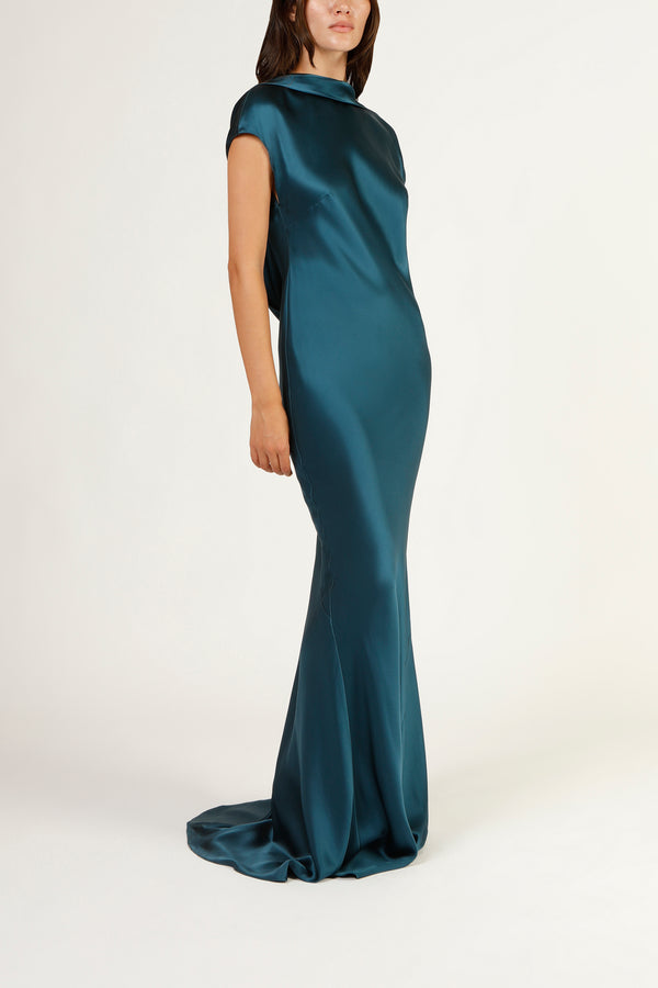 Sleeveless bias gown with back cowl - prussian