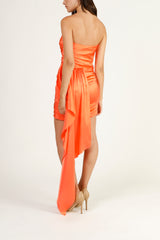 Strapless gathered minidress with cascade - tangerine