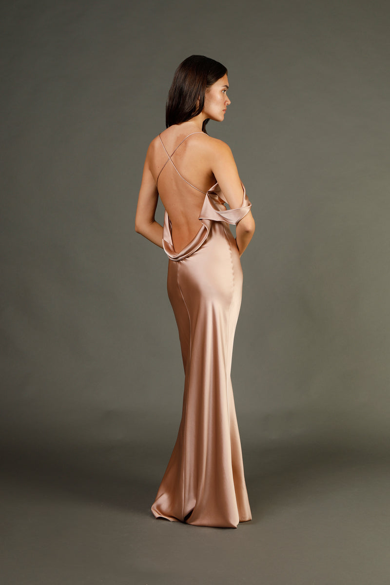 Cowl drape bias gown - blush