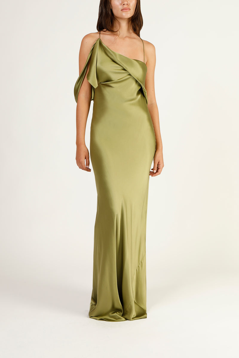 Cowl drape bias gown - moss