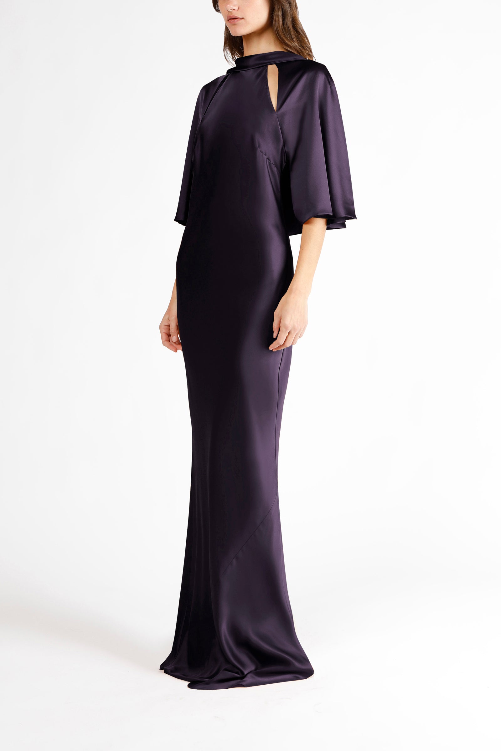 Capelet sleeve gown with back cowl - aubergine Capelet sleeve gown with back cowl - aubergine