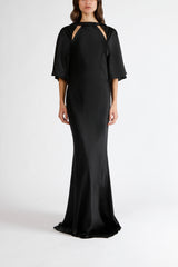 Capelet sleeve gown with back cowl - black