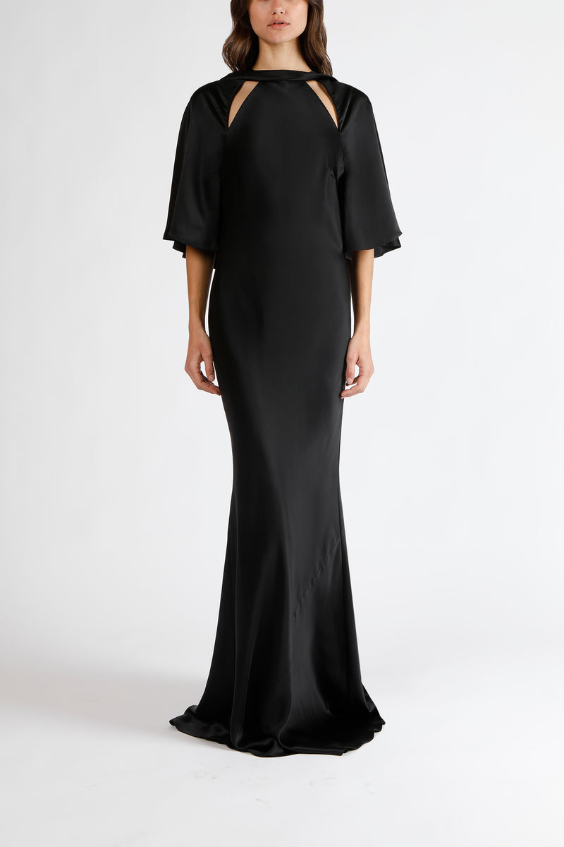 Capelet sleeve gown with back cowl - black Michelle Mason Capelet sleeve gown with back cowl - black Michelle Mason