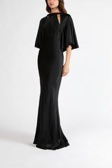 Capelet sleeve gown with back cowl - black