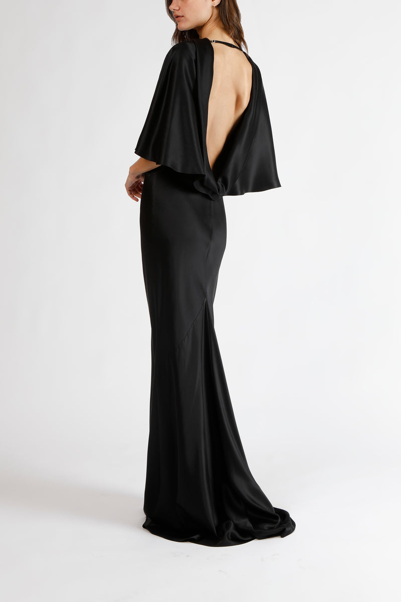 Capelet sleeve gown with back cowl - black