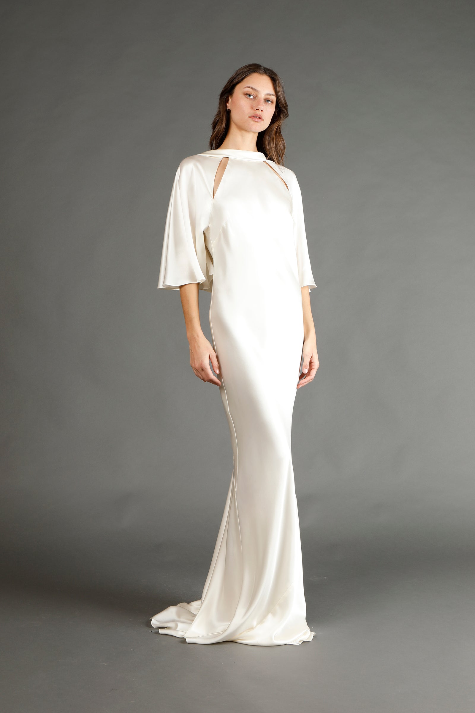 Capelet sleeve gown with back cowl
