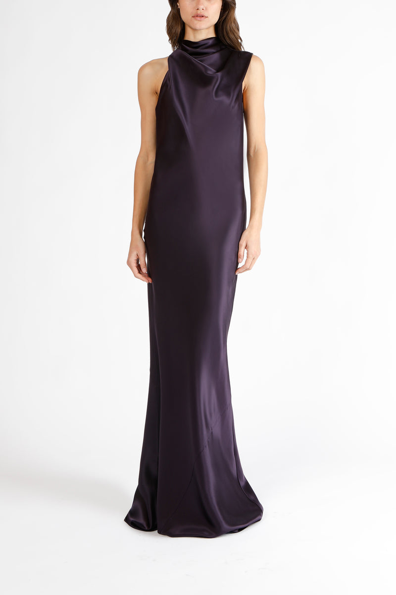 Drape neck detail gown - aubergine