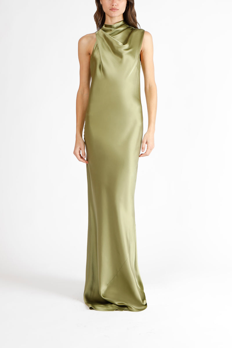 Drape neck detail gown - moss