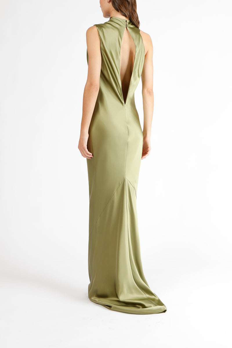 Drape neck detail gown - moss