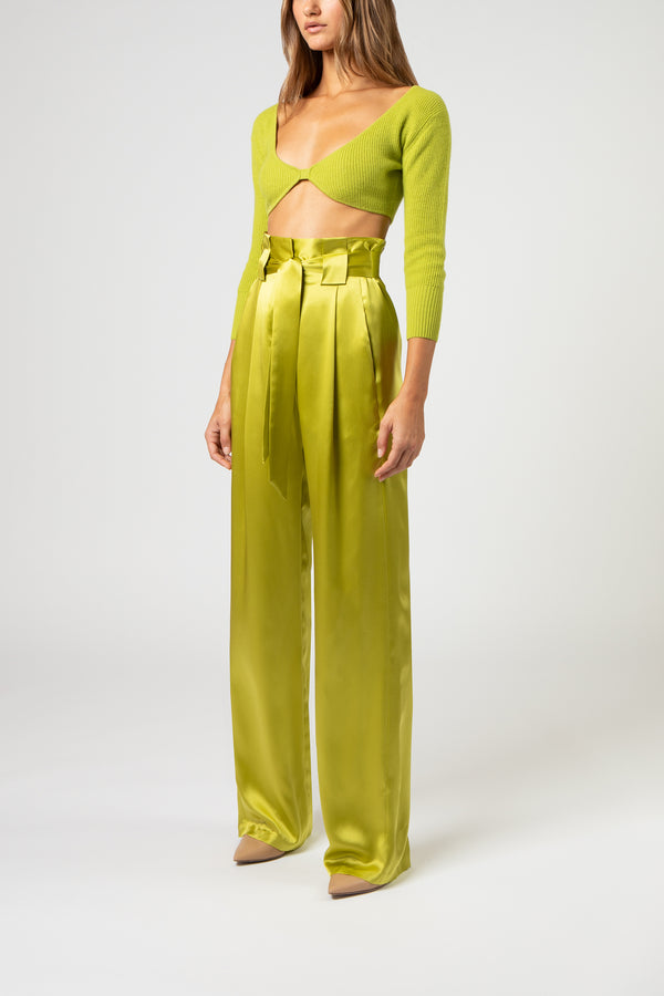 Pleated pant with belt - chartreuse