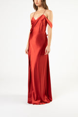 Strappy wrap gown with cowl - cayenne