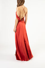 Strappy wrap gown with cowl - cayenne