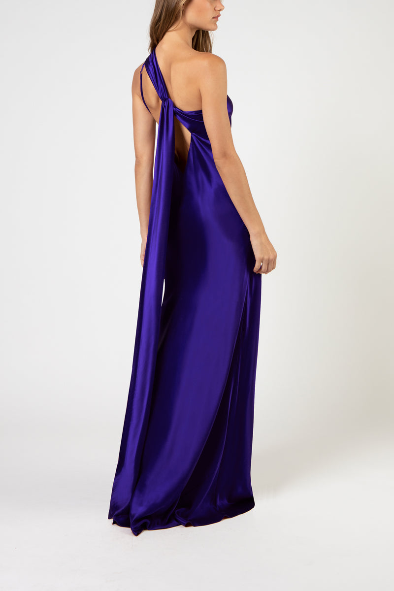 One shoulder gown with tie - plum