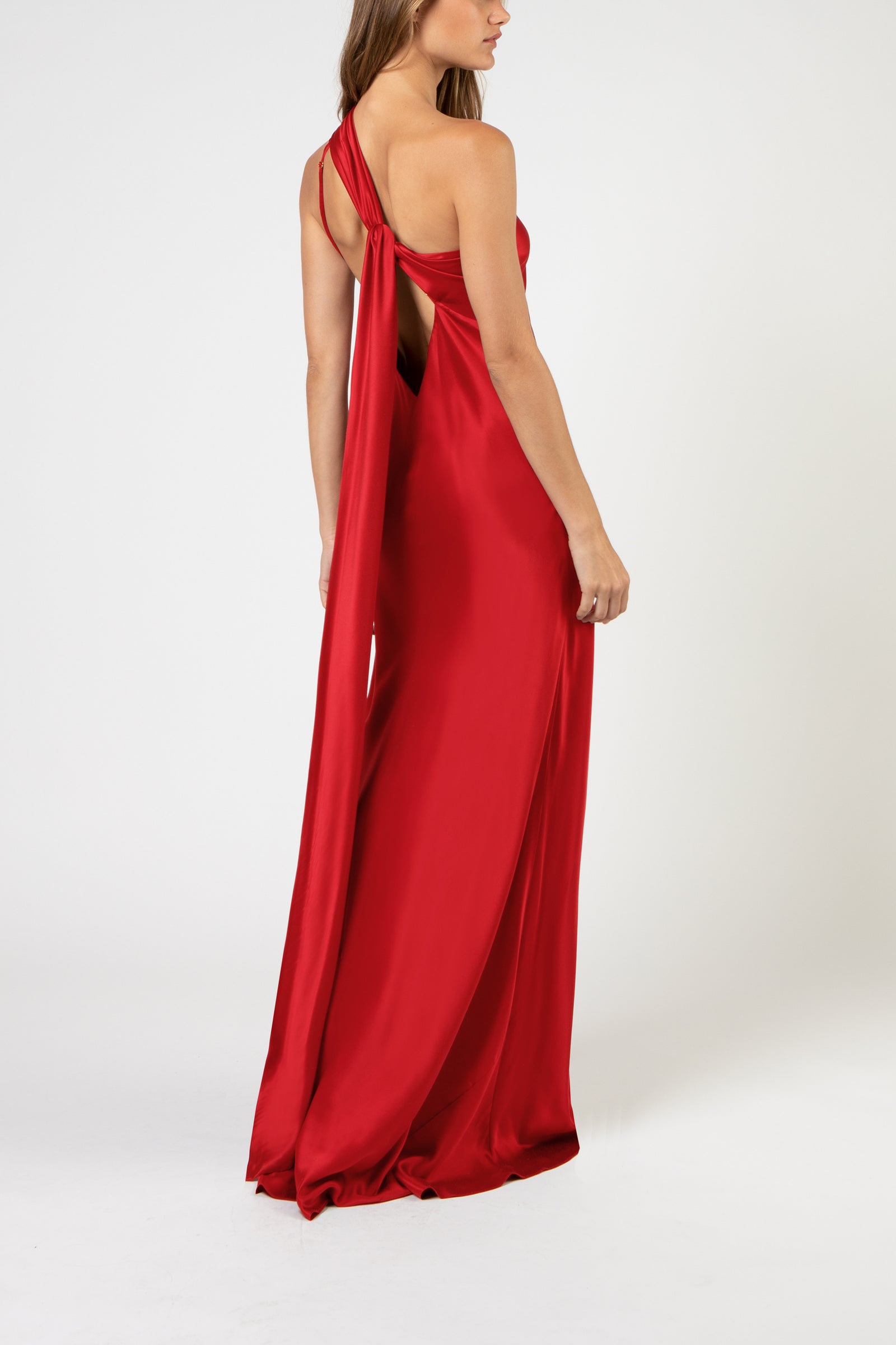 open lace back dress One shoulder gown with tie