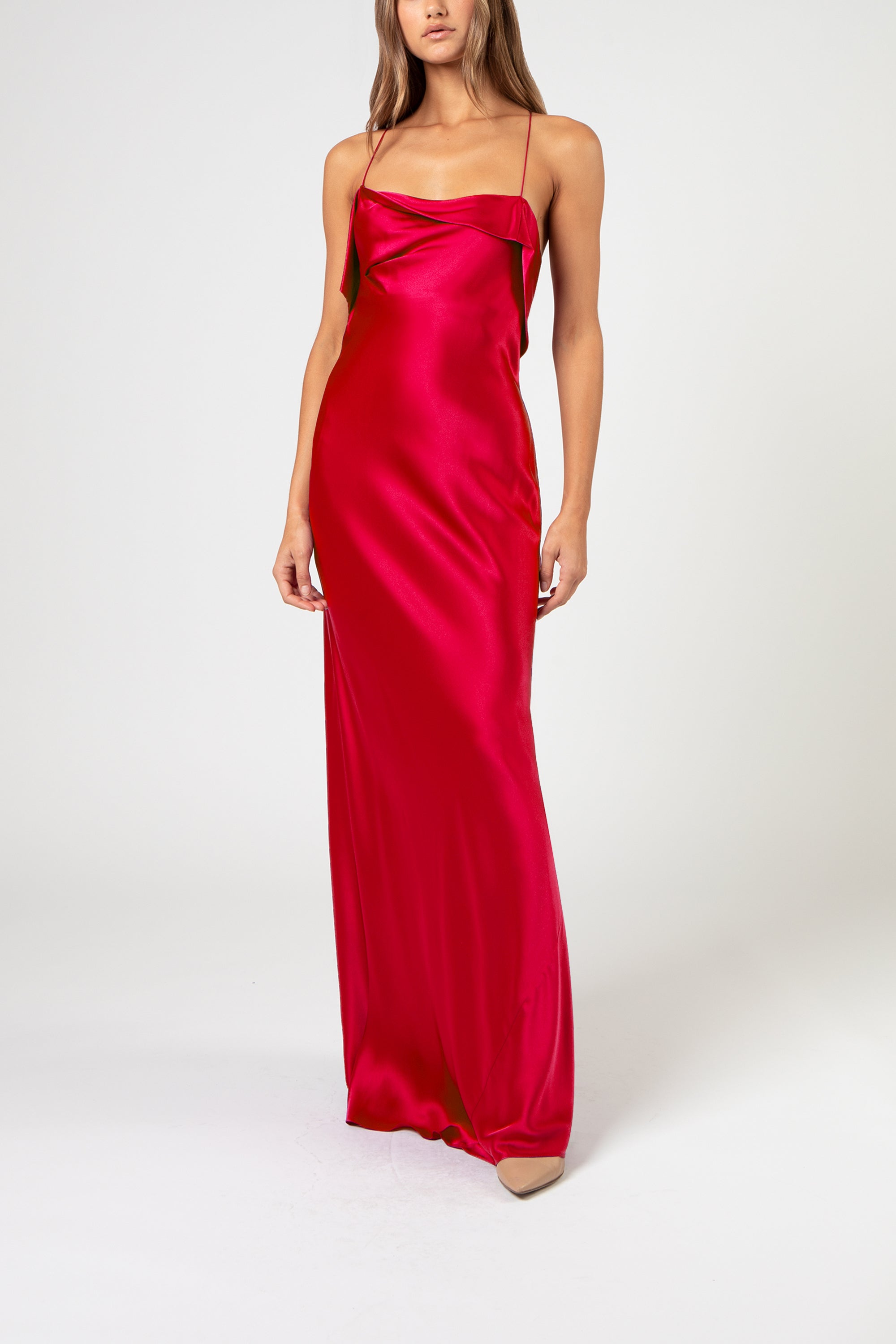 Ruffle cowl bias gown - ruby – Michelle Mason