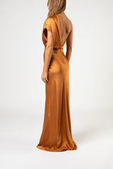 Asymmetrical open back draped gown - copper