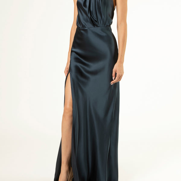 Pleat halter gown with slit