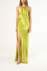 Pleat halter gown with slit - chartreuse – Michelle Mason