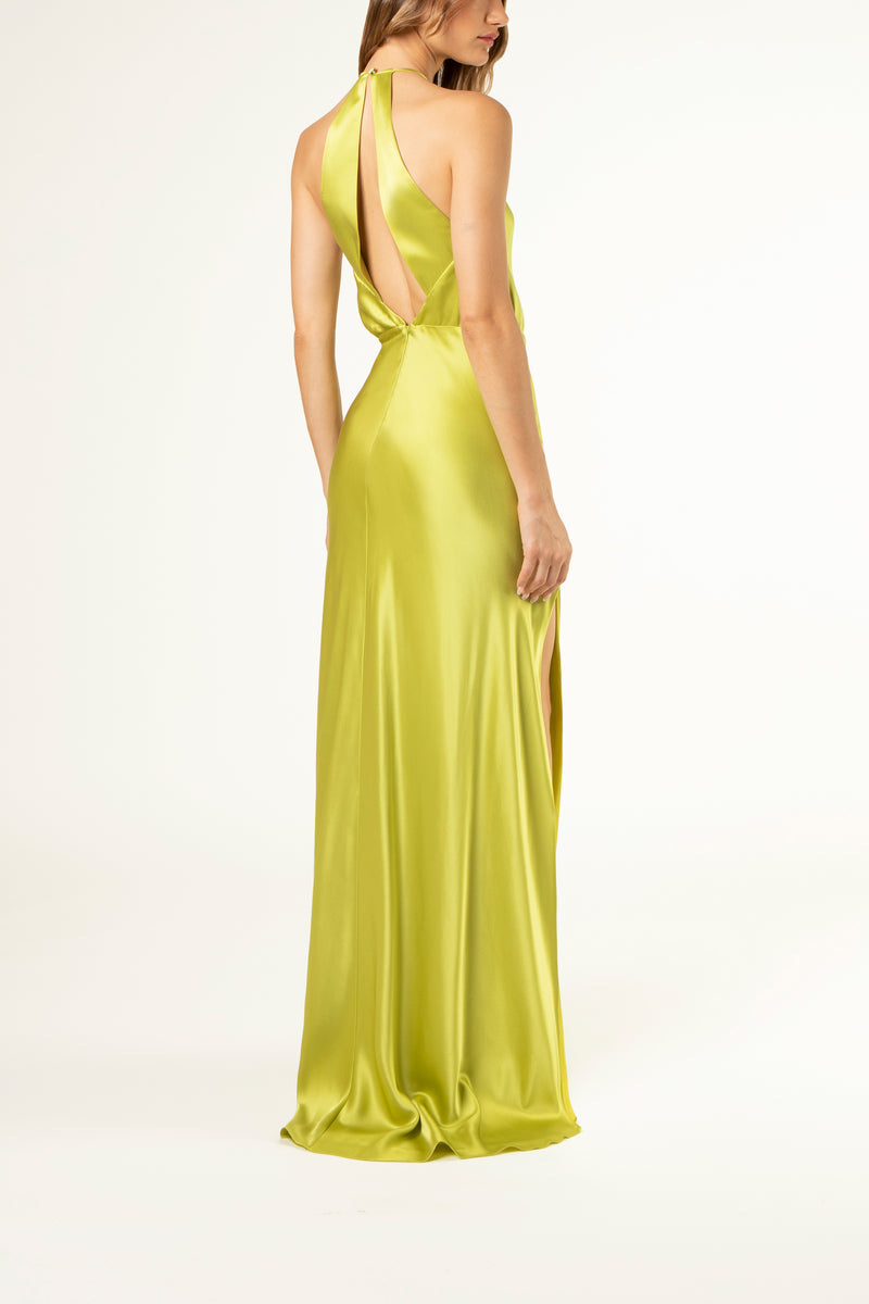 Pleat halter gown with slit - chartreuse