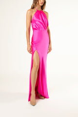 Pleat halter gown with slit - pink