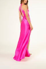 Pleat halter gown with slit - pink