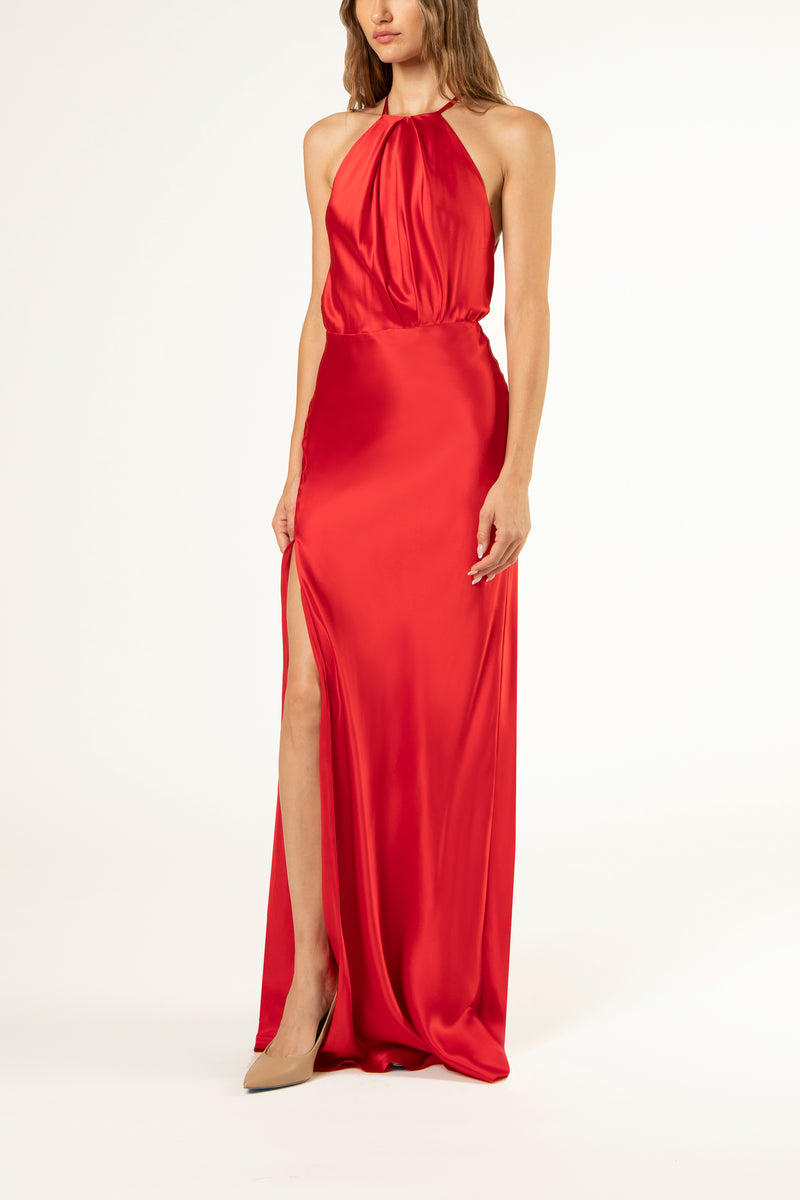 Pleat halter gown with slit - red