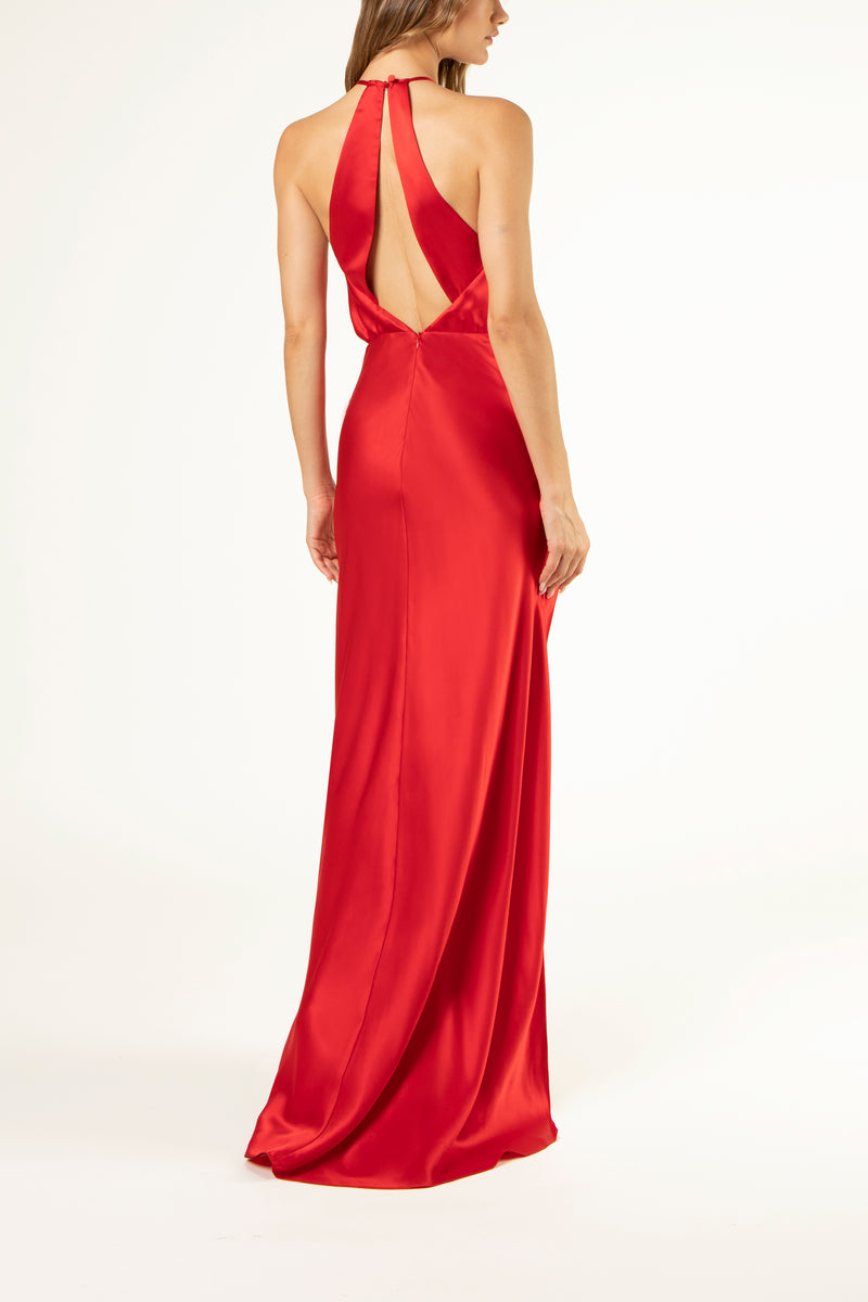 Pleat halter gown with slit - red