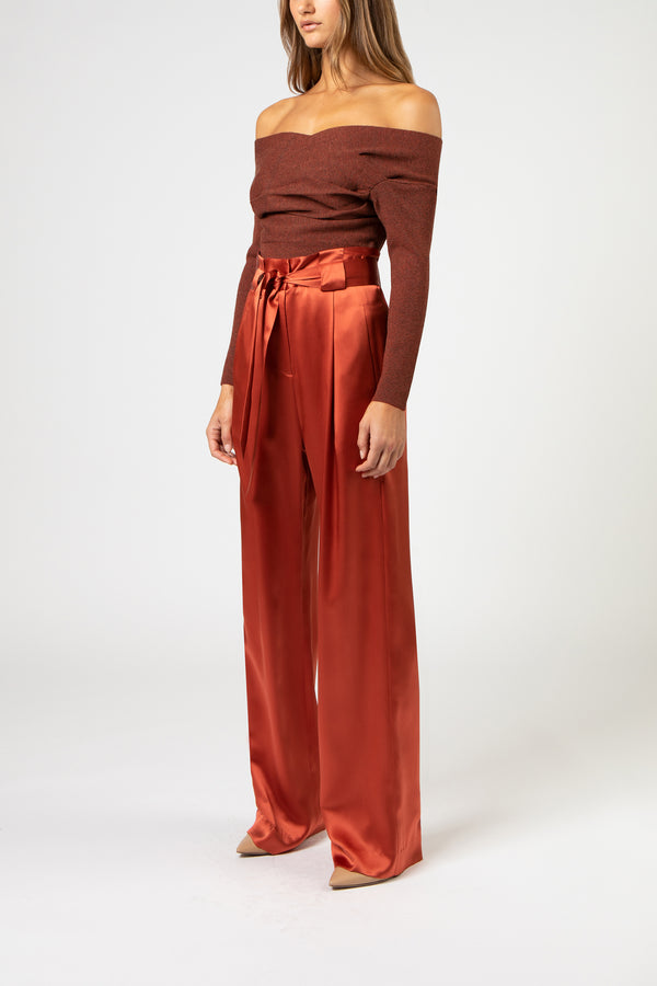 Pleated pant with belt - rust