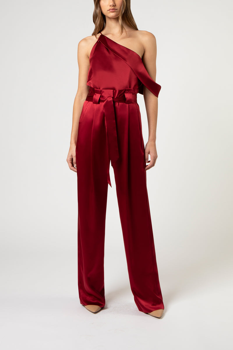 Pleated pant with belt - sangria