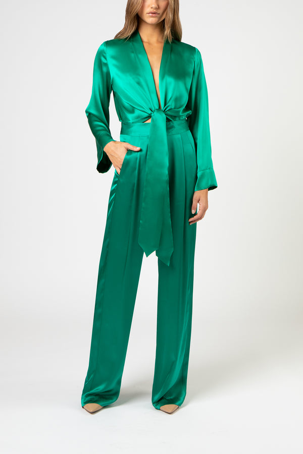 L/s kimono blouse with ties - emerald